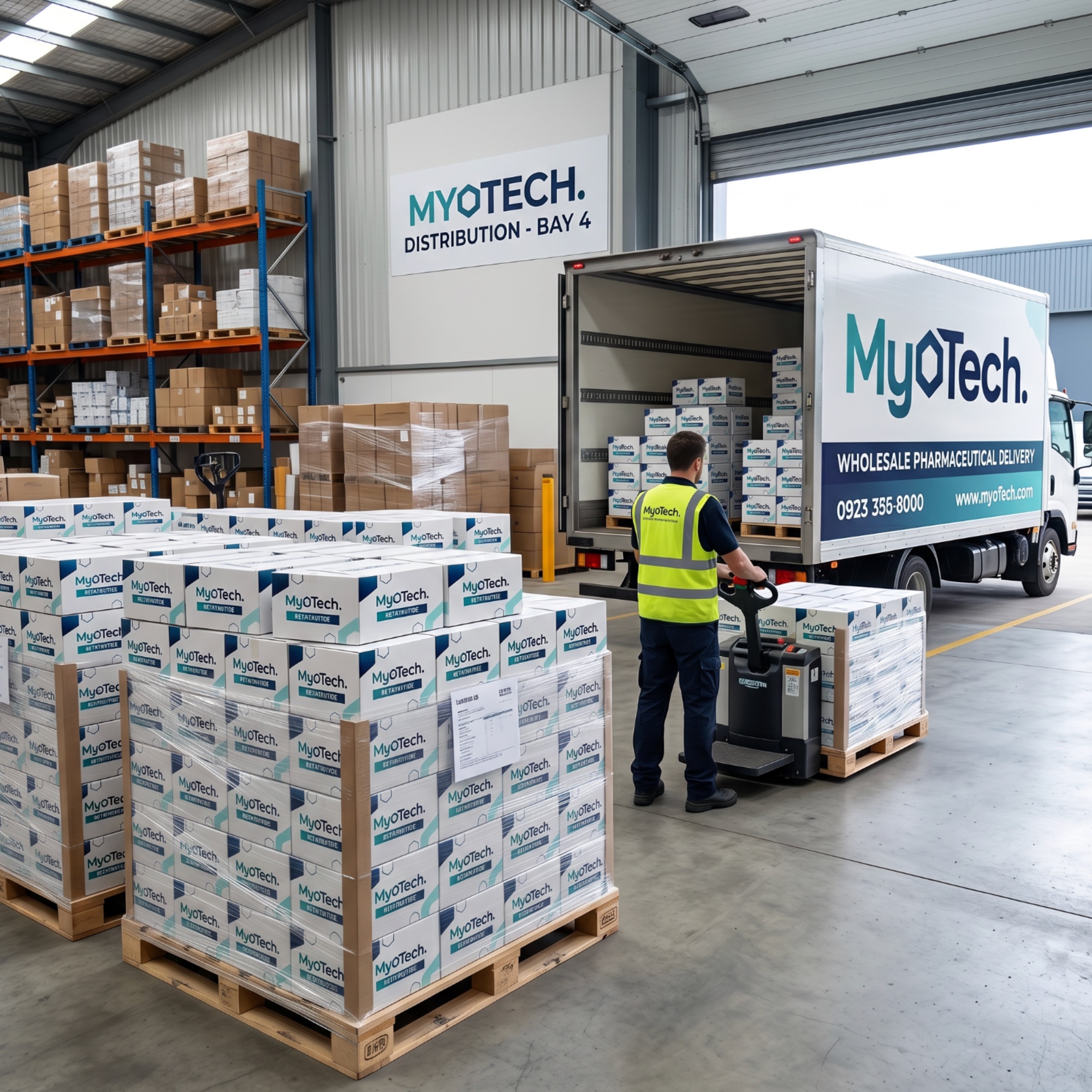 MYOTECH distribution operation — wholesale product range prepared for dispatch.